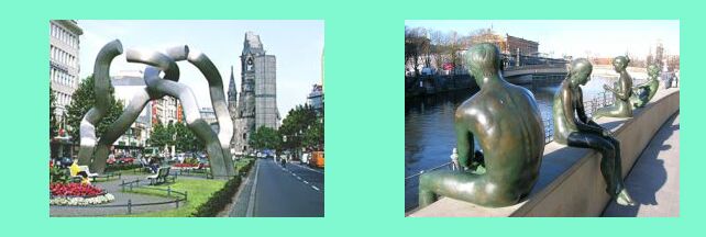 Berlino: Kurfuerstendamm con la Gedaechtniskirche _ statue curiose affacciate sulla sprea