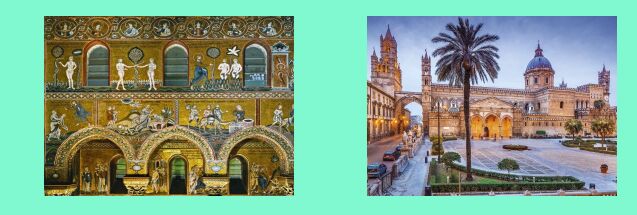 Monreale, mosaici _ Palermo, la Cattedrale in fondo