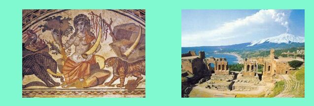 Piazza Armerina: mosaico _ Taormina, l'Etna dal teatro greco