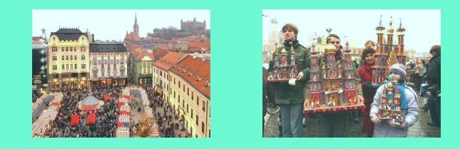 Bratislava, la piazza centrale con il mercatino e il castello sullo sfondo _ ragazzi portano elementi del Presepe
